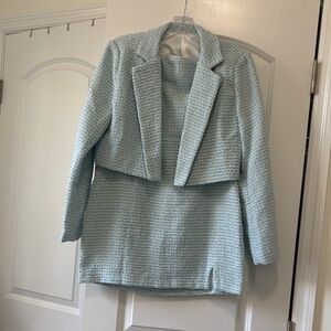 SHEIN Pale Blue Tweed Cropped Blazer and Dress Set
